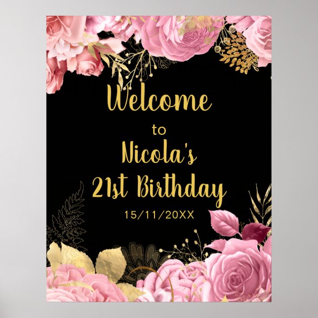 Elegant Pink and Gold Flowers Birthday Party  Poster (Framsidan)