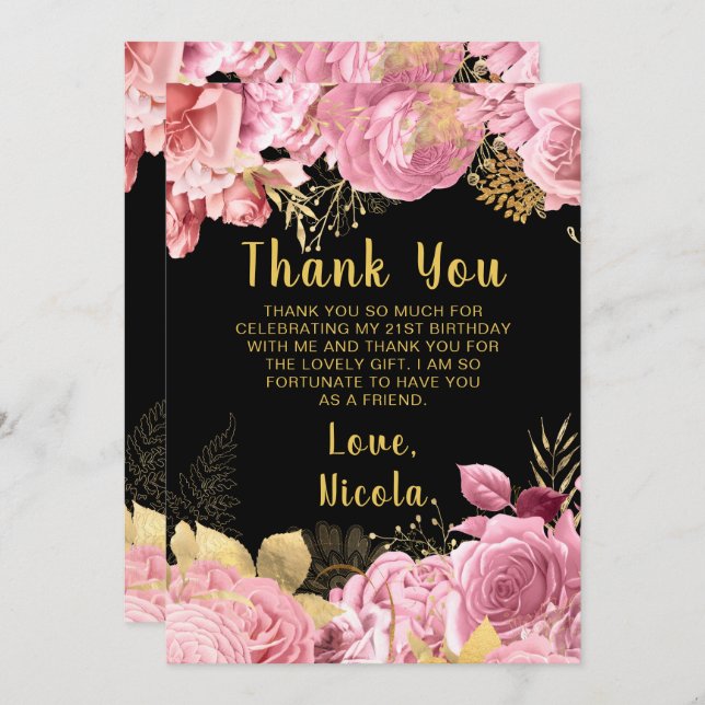 Elegant Pink and Gold Flowers Birthday Party Tack Kort (Fram/baksida)