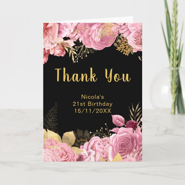 Elegant Pink and Gold Flowers Birthday Party Tack Kort (Framsida)