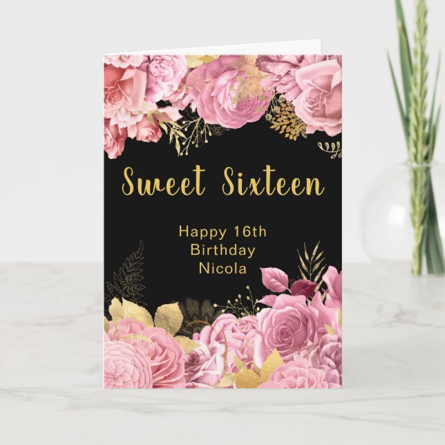 Elegant Pink and Gold Flowers Sweet Sixteen Kort (Framsida)