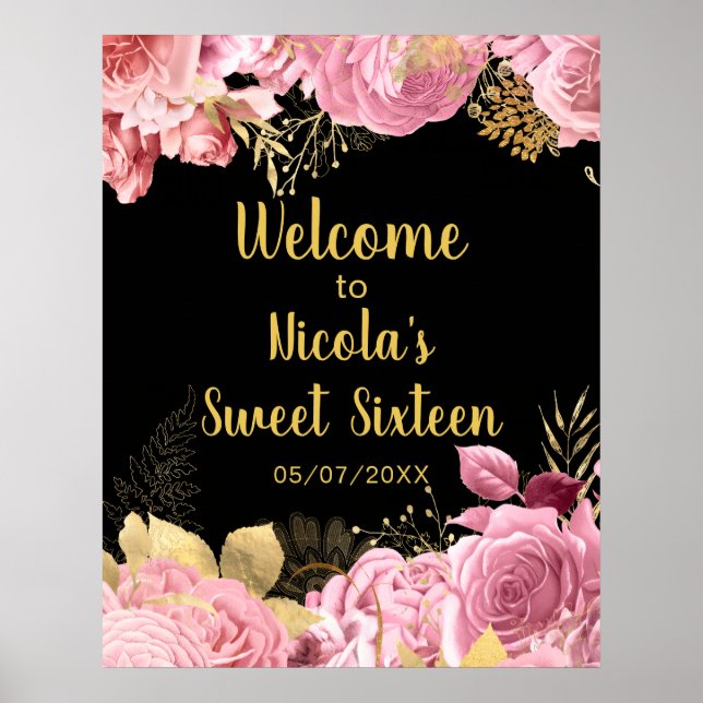 Elegant Pink and Gold Flowers Sweet Sixteen  Poster (Framsidan)