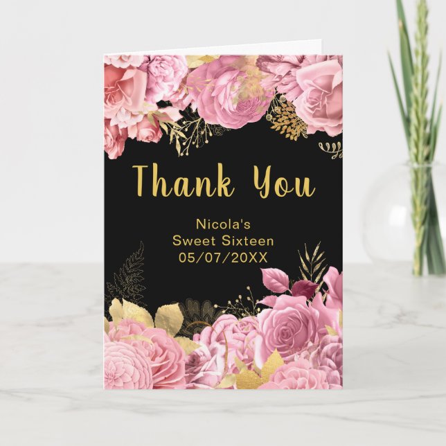 Elegant Pink and Gold Flowers Sweet Sixteen Tack Kort (Framsida)