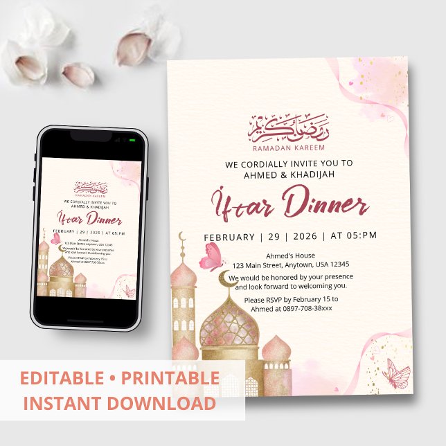 Elegant Pink and Gold Ramadan Iftar Dinner Inbjudningar (Skapare uppladdad)