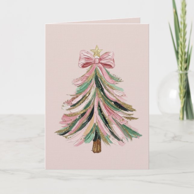 Elegant Pink and Green Brushstroke Christmas Tree  Kort (Framsida)