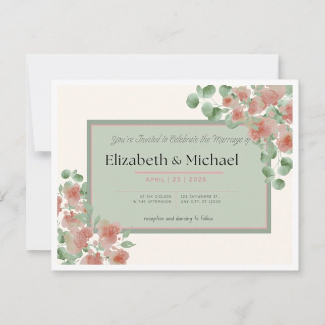 Elegant Pink and Green Wedding Invitation OSA Kort (Framsida)