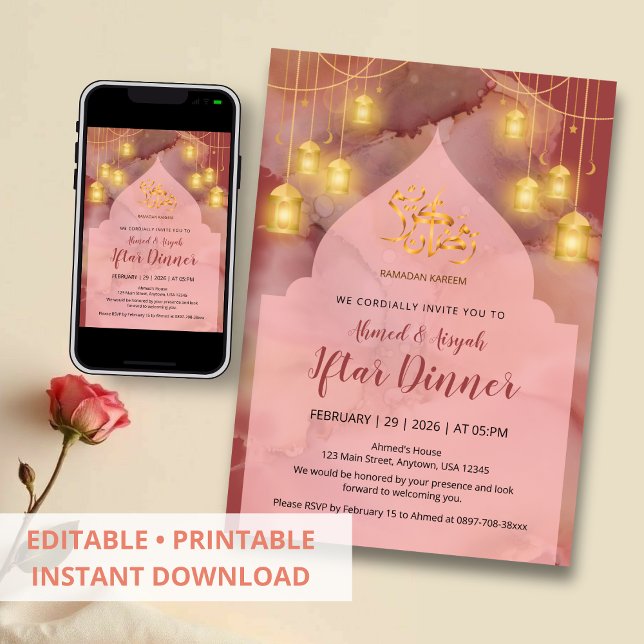 Elegant Pink and Maroon gold Ink Iftar Inbjudningar (Skapare uppladdad)