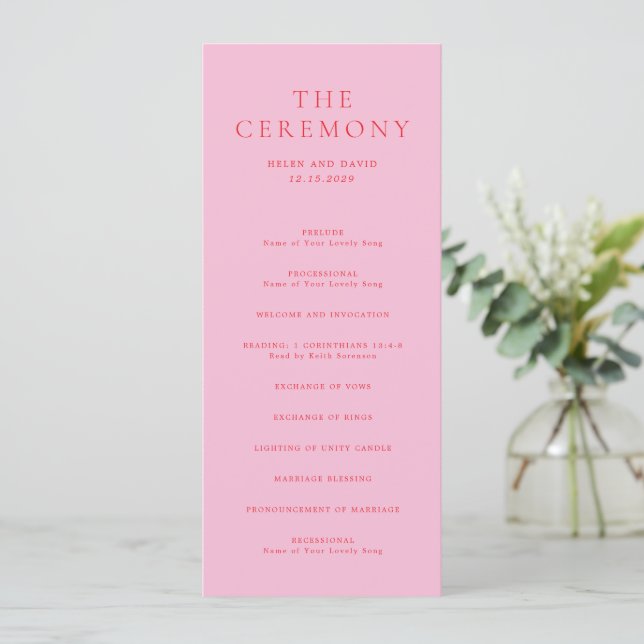 Elegant Pink and Red Classic Wedding Program (Stående Fram)