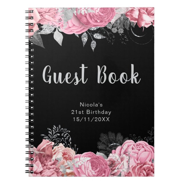 Elegant Pink and Silver Flower Birthday Guest Book Anteckningsbok (Framsidan)