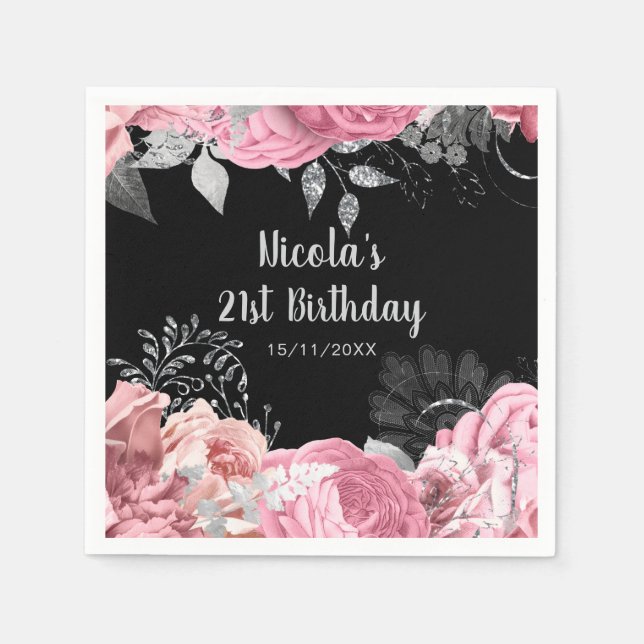 Elegant Pink and Silver Flowers Birthday Party Pappersservett (Framsidan)