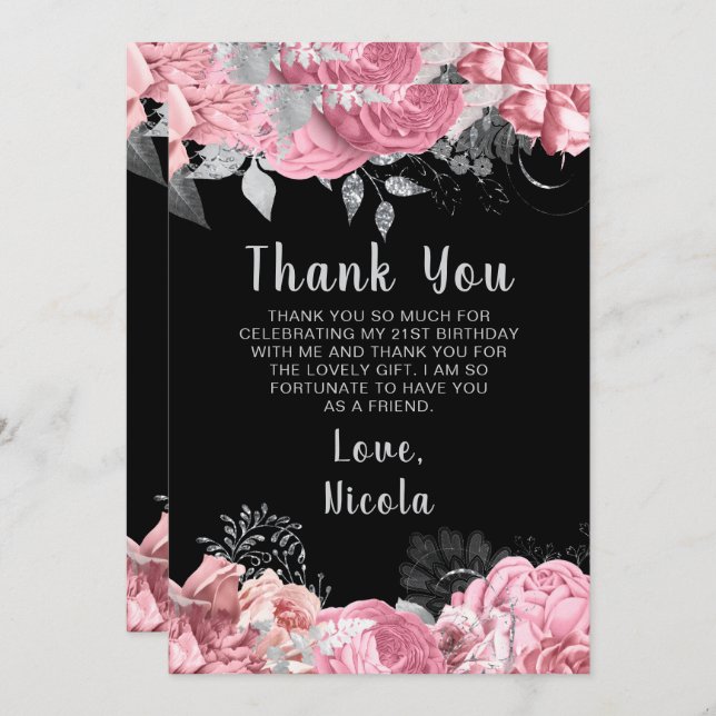 Elegant Pink and Silver Flowers Birthday Party Tack Kort (Fram/baksida)