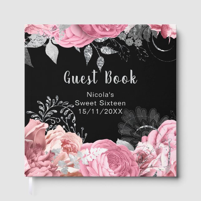 Elegant Pink and Silver Flowers Sweet Sixteen Gästböcker (Framsida)