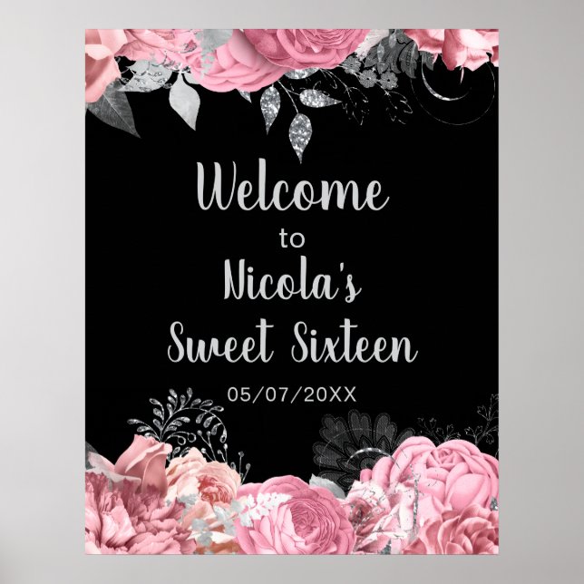 Elegant Pink and Silver Flowers Sweet Sixteen  Poster (Framsidan)