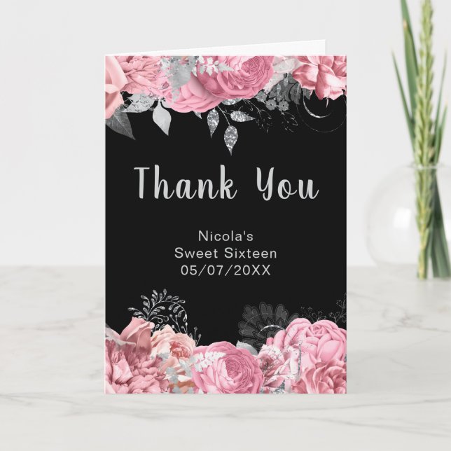 Elegant Pink and Silver Flowers Sweet Sixteen Tack Kort (Framsida)
