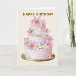 Elegant Pink and White Floral Cake Birthday Card Kort