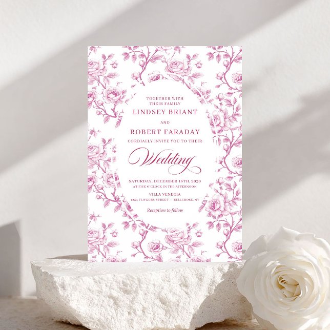 Elegant Pink and White Floral Toile Wedding Invite Inbjudningar (Elegant Pink and White Floral Toile Wedding Invite)