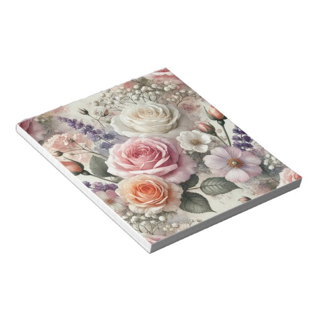 Elegant Pink and White Rose Pattern Notepad Anteckningsblock (Vinklad)