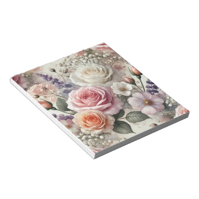 Elegant Pink and White Rose Pattern Notepad Anteckningsblock (Vinklad)