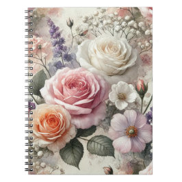 Elegant Pink and White Rose Pattern Spiral Noteboo Anteckningsbok