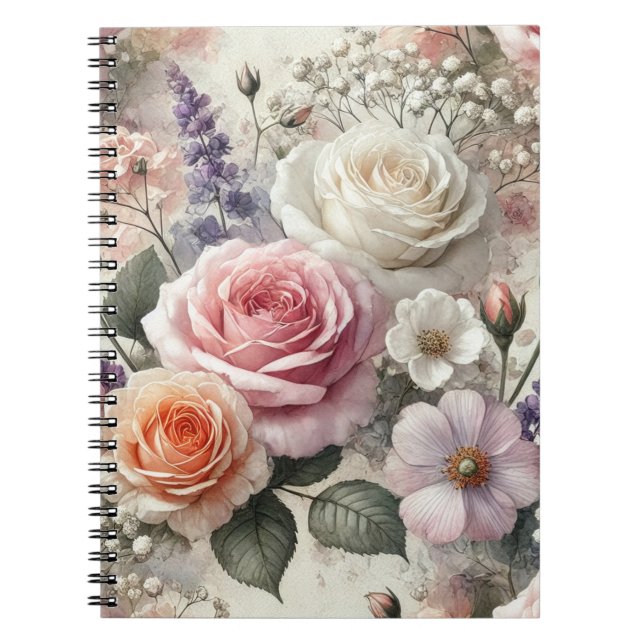 Elegant Pink and White Rose Pattern Spiral Noteboo Anteckningsbok (Framsidan)