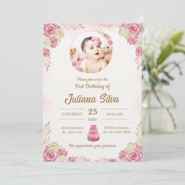 Elegant Pink Baby Girl First Birthday Custom Photo Inbjudningar (Stående Fram)