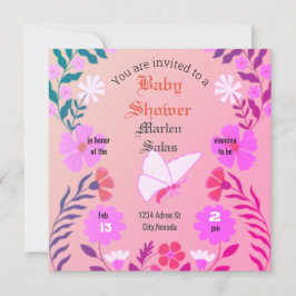 Elegant pink baby shower, butterflies and flowers  inbjudningar