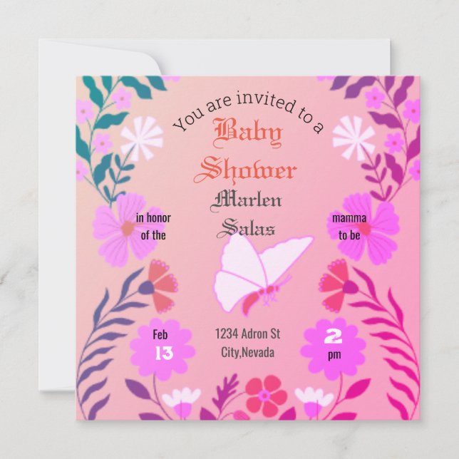 Elegant pink baby shower, butterflies and flowers  inbjudningar (Framsida)