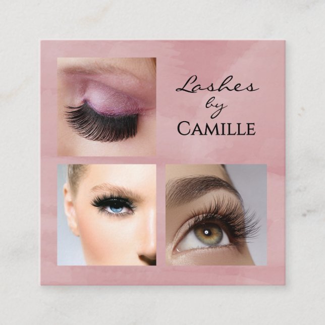 Elegant Pink Black Script 3 Photo Makeup Fyrkantigt Visitkort (Framsida)