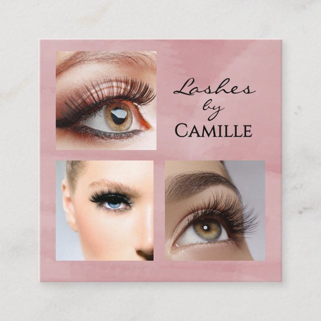 Elegant Pink Black Script 3 Photo Makeup Fyrkantigt Visitkort (Framsida)