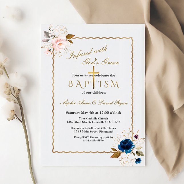 Elegant Pink Blue Gold Flowers Twins Baptism Inbjudningar (Skapare uppladdad)