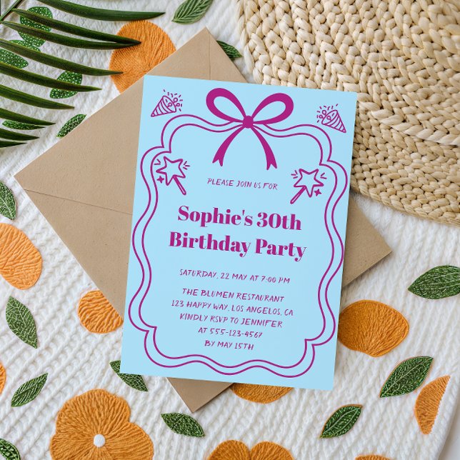 Elegant Pink & Blue Ribbon Frame Birthday Party Inbjudningar (Skapare uppladdad)