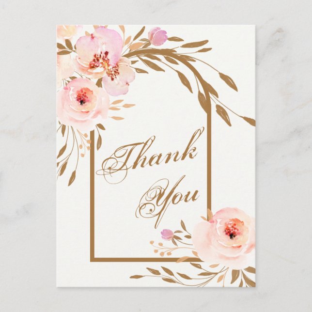 Elegant Pink Blush Floral Wedding Photo Thank You Vykort (Framsida)