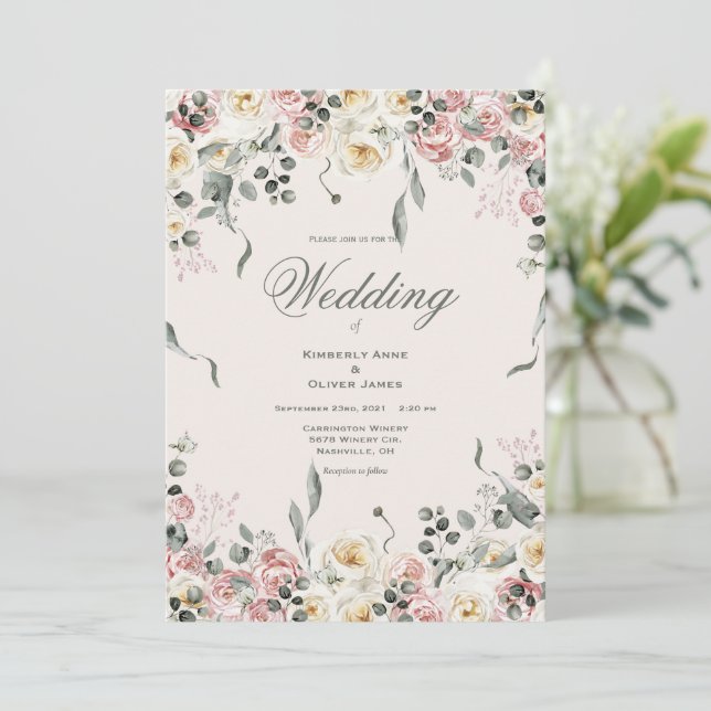 Elegant Pink Blush Ivory Floral Wedding Inbjudningar (Stående Fram)