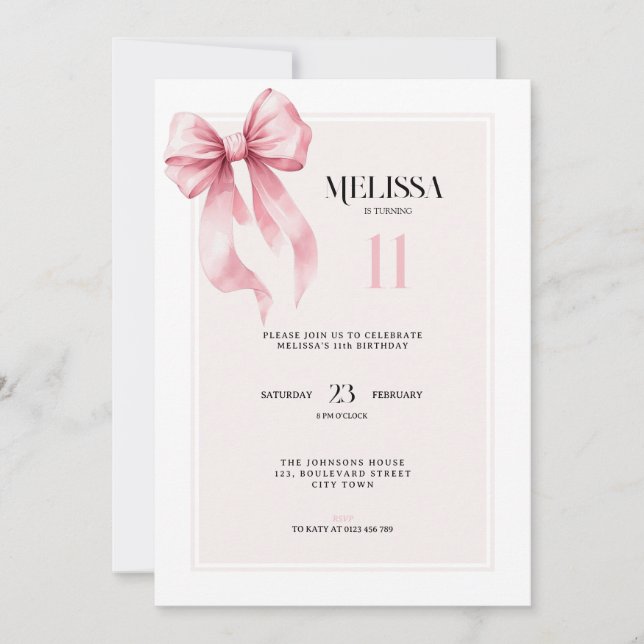 Elegant Pink Bow 11th Birthday Invitation Inbjudningar (Framsida)