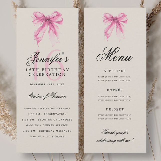 Elegant Pink Bow 16th Birthday Party Program Menu (Elegant Pink Bow 16th Birthday Party Program Menu)