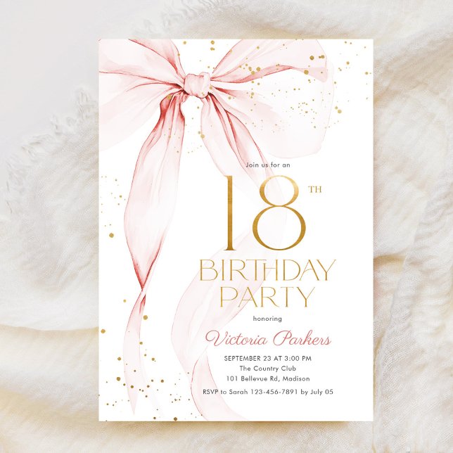 Elegant Pink Bow 18th Birthday Invitation Inbjudningar (Skapare uppladdad)
