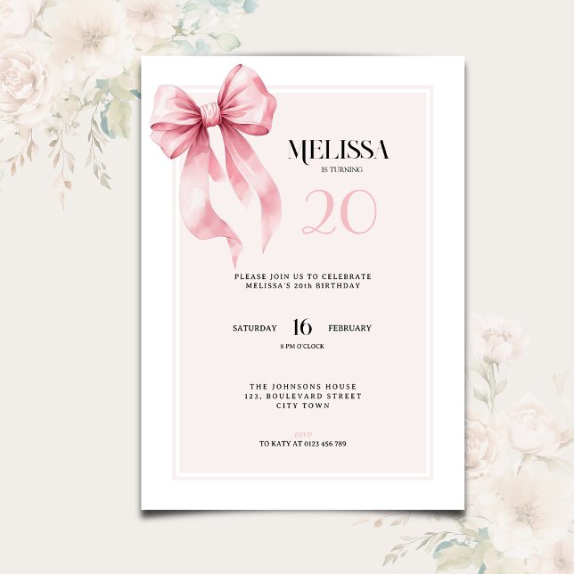 Elegant Pink Bow 20th Birthday Invitation Inbjudningar (Skapare uppladdad)