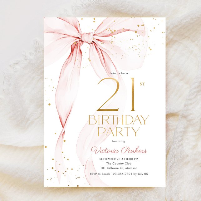 Elegant Pink Bow 21st Birthday Invitation Inbjudningar (Skapare uppladdad)
