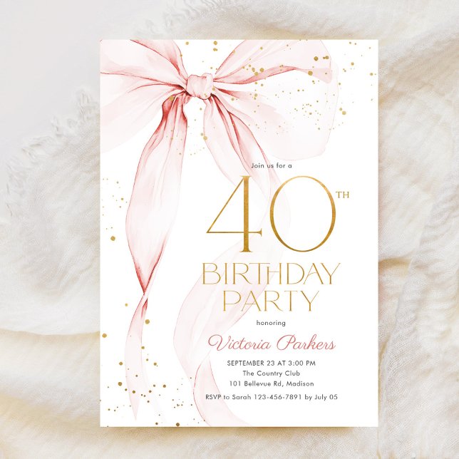 Elegant Pink Bow 40th Birthday Invitation Inbjudningar (Skapare uppladdad)