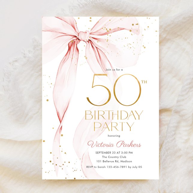 Elegant Pink Bow 50th Birthday Invitation Inbjudningar (Skapare uppladdad)