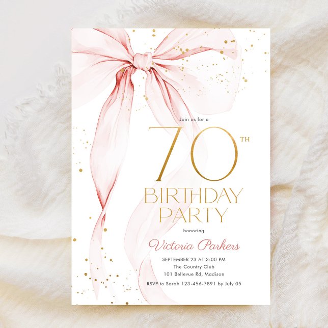 Elegant Pink Bow 70th Birthday Invitation Inbjudningar (Skapare uppladdad)