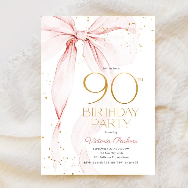 Elegant Pink Bow 90th Birthday Invitation Inbjudningar (Skapare uppladdad)