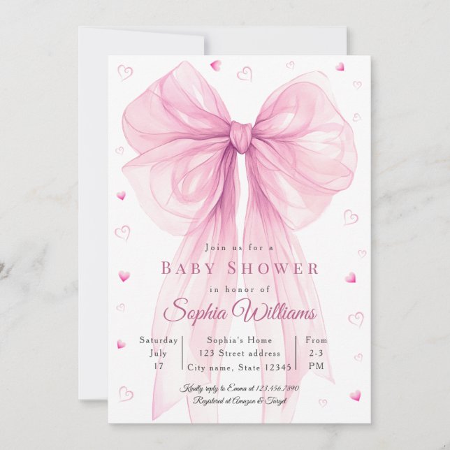Elegant Pink Bow Baby Shower Invitation Inbjudningar (Framsida)