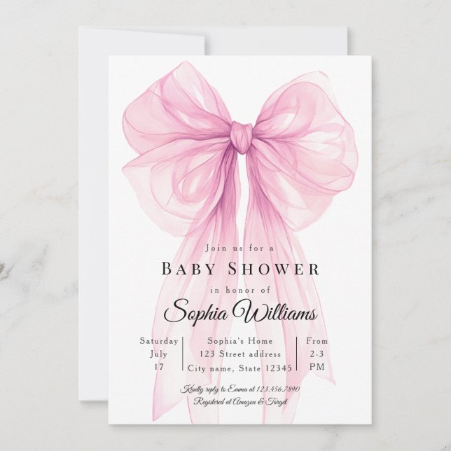 Elegant Pink Bow Baby Shower Invitation Inbjudningar (Framsida)