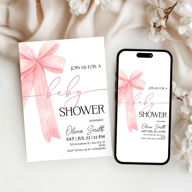 Elegant Pink Bow Baby Shower Invitation Inbjudningar (Skapare uppladdad)