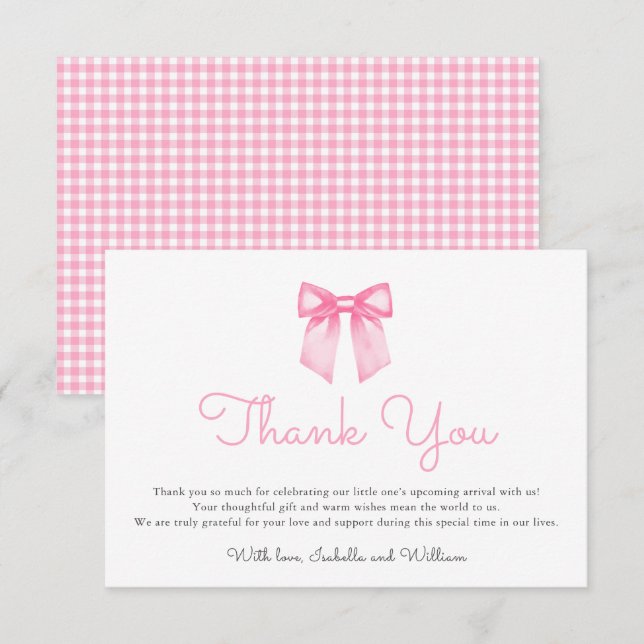 Elegant Pink Bow Baby Shower Tack Kort (Fram/baksida)