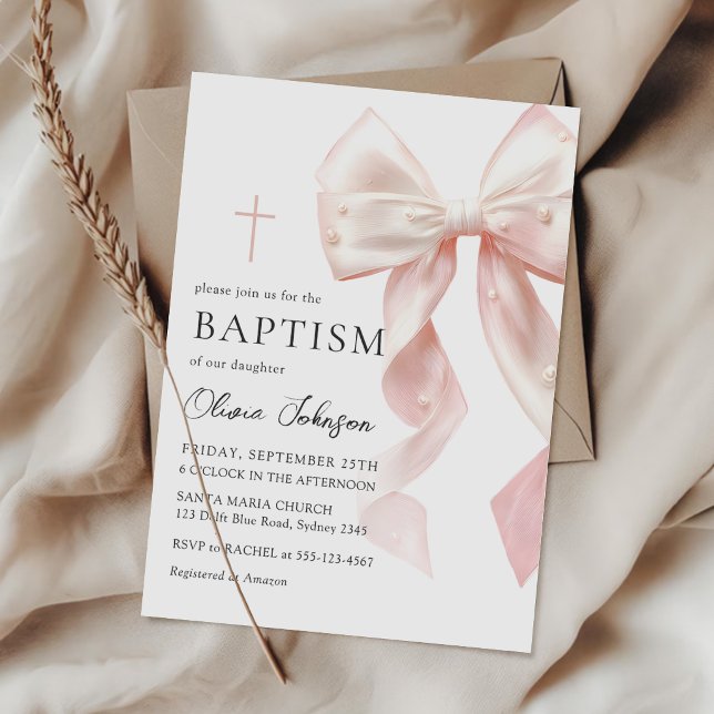 Elegant Pink Bow Baptism Girl Invitation Inbjudningar (Skapare uppladdad)