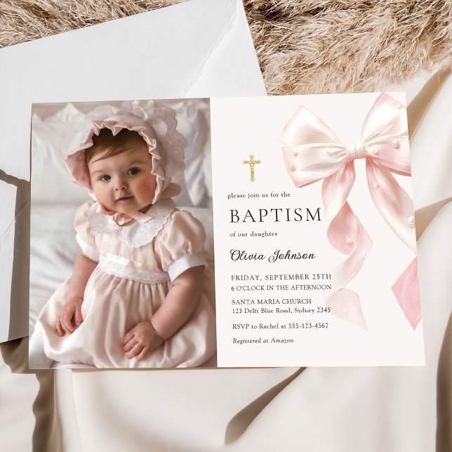 Elegant Pink Bow Baptism Girl Photo Invitation Inbjudningar (Skapare uppladdad)