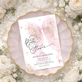 Elegant Pink Bow Bloom Butterfly Baby Shower Inbjudningar