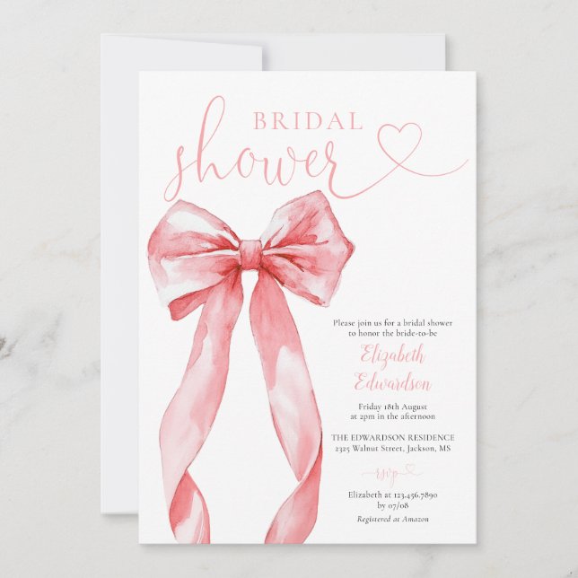 Elegant Pink Bow Bridal Shower Inbjudningar (Framsida)