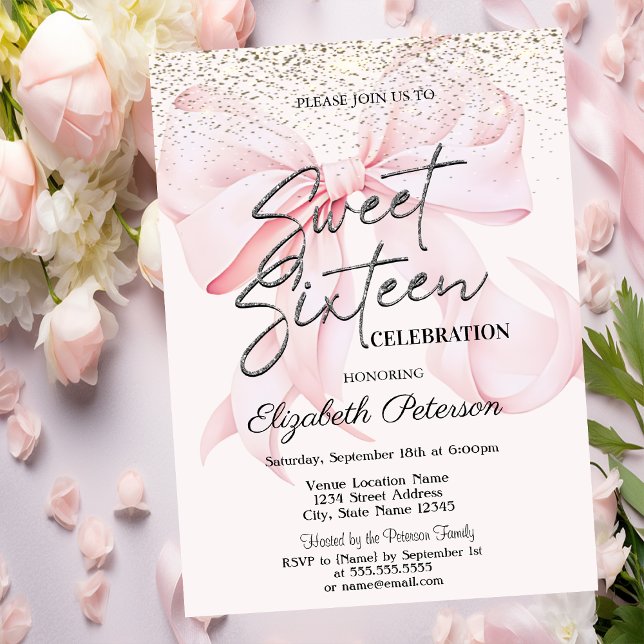 Elegant Pink Bow Confetti Sweet 16 Inbjudningar (Skapare uppladdad)